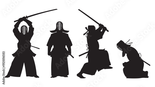 Vector Illustration Of Four Samurai Warriors In Different Poses With Swords For Japanese Culture And History Concept