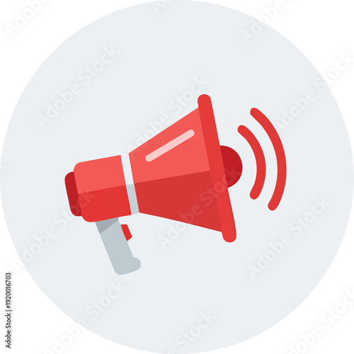 A red megaphone with sound waves emanating from it, symbolizing announcement or alert, set against a light gray circular background.