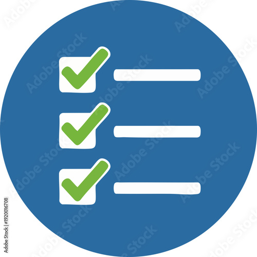 A blue circle with three white horizontal lines and green checkmarks indicating a completed checklist or task list.
