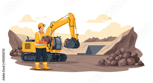Construction worker with excavator at mining site.