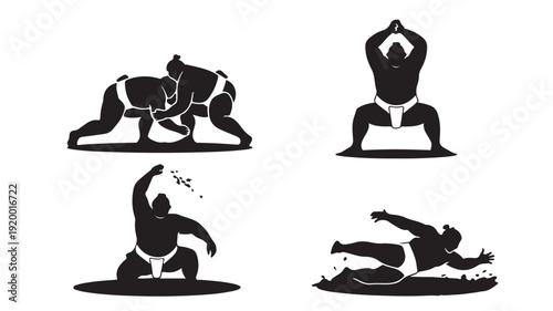Vector Illustration Of Various Sumo Wrestlers Poses For Sports And Fitness Concept