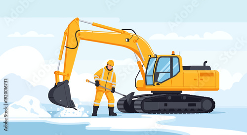 Construction worker with excavator in snowy environment.