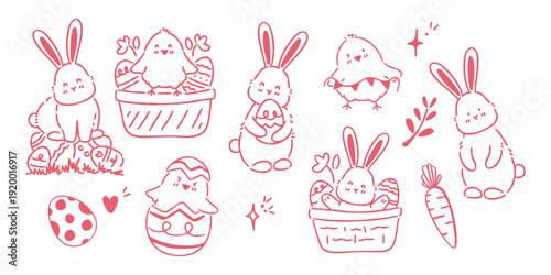 Easter doodle set featuring cute bunnies, chicks in eggs, and baskets, pink line art illustration on white background.