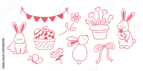 Doodle Easter elements set with cute bunnies, decorated eggs, flowers and bunting, pink line art on white background.