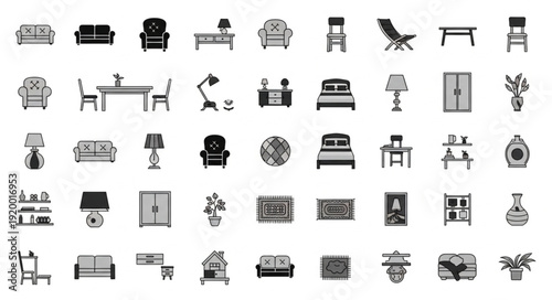 Collection of various furniture icons in black and white, perfect for design.