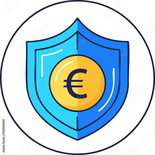 A blue shield with a golden euro coin symbol protected behind it, representing financial security and investment safety.