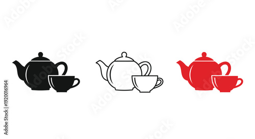 Three teapots and cups in varying colors a striking silhouette