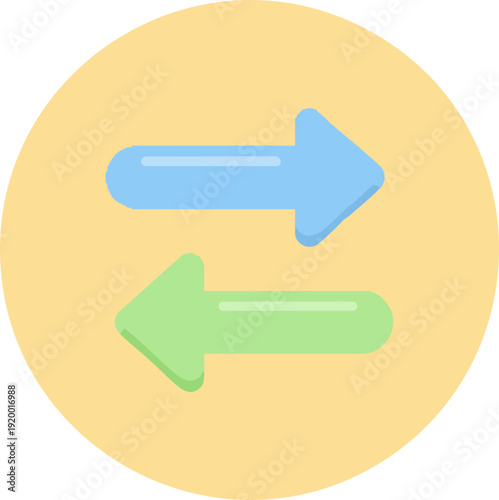 Two opposing arrows, one blue pointing right and one green pointing left, set against a soft yellow circular background.