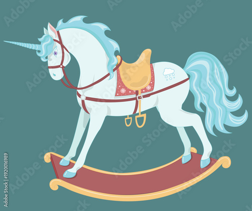 Vector illustration of rocking horse unicorn, with monotone backgraund. Can be used as holiday postcard, todlers products, books, bunner