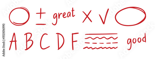 grading doodle element set. Red grades result, round accent line, plus and minus sign, school exam hand drawn icon. Outline drawing line clipart symbol collection