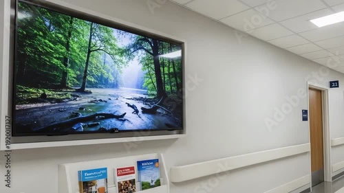 Indoor hospital hallway with nature landscape artwork on display  