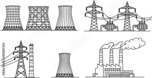 Collection of industrial power generation and cooling tower illustrations Keywords: power, generation, industrial, factory
