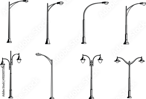 Collection of Street Lamp Designs in Black and White Outline Style untitled
