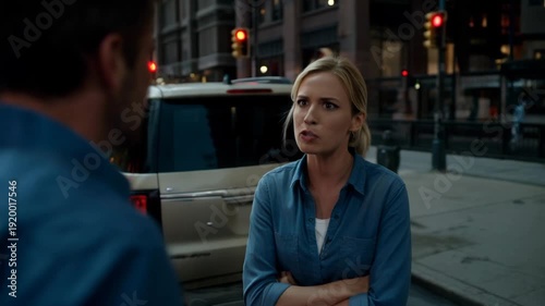 Woman discussing intensely with man on city street at night  
