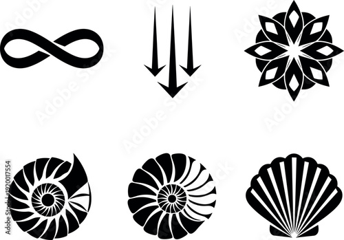 Abstract minimal symbol icons set featuring infinity arrows floral mandala spiral and shell shapes in black vector style