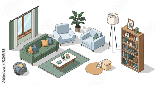 Cozy living room interior design with furniture and decorative elements arranged for comfort and style.