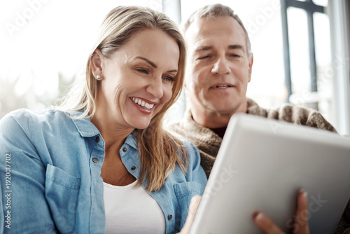 Obraz na plátně Home, smile or couple with tablet for streaming, weekend entertainment or movie website for bonding