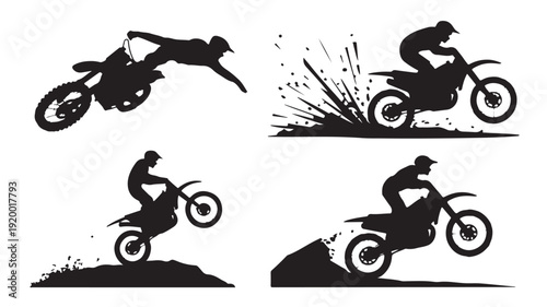 Vector Illustration Of Silhouette Motorcycle Riders Performing Tricks On Dirt Bikes For Sports And Action Concepts