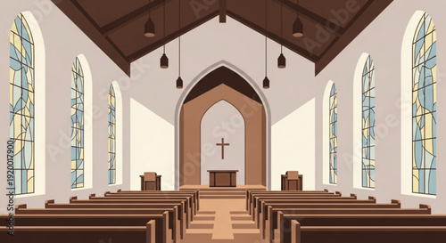 Interior of a church with pews and stained glass windows religious architecture