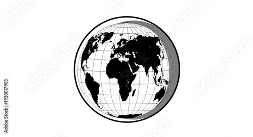 Black and white illustration of the Earth globe with continents and oceans.