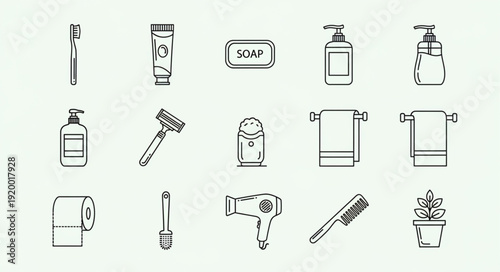 Collection of bathroom hygiene and grooming items in a simple line drawing style.