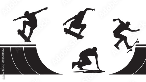 Vector Illustration Of Silhouette Skateboarder In Various Actions On Ramp For Sports And Fitness Concept