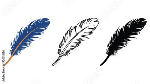 A set of three simple feather illustrations in different colors