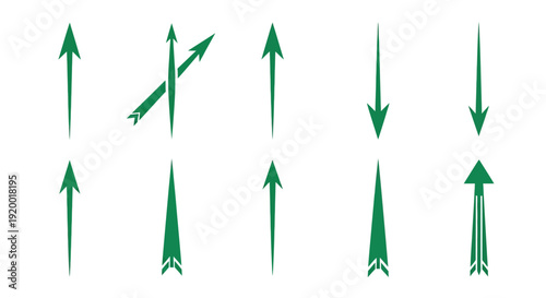 A set of green arrows pointing up and down with various styles and designs on a white background.