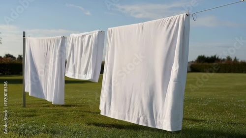 White laundry hanging on line in sunny outdoor field  