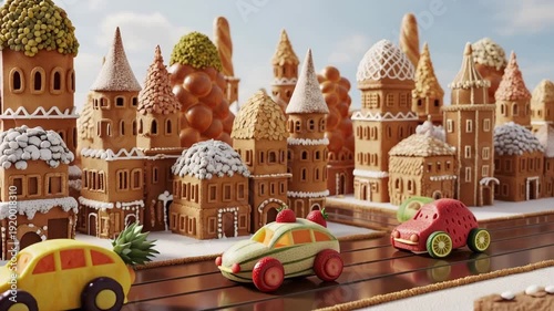 Gingerbread cityscape with colorful toy cars driving on road  