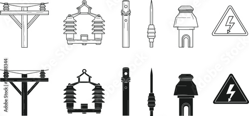 Line art and silhouette icons of electrical insulators and warning signs Keywords: electrical, insulator, power, line, pole