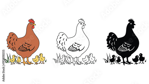 A colorful illustration of a mother hen and her chicks in different styles