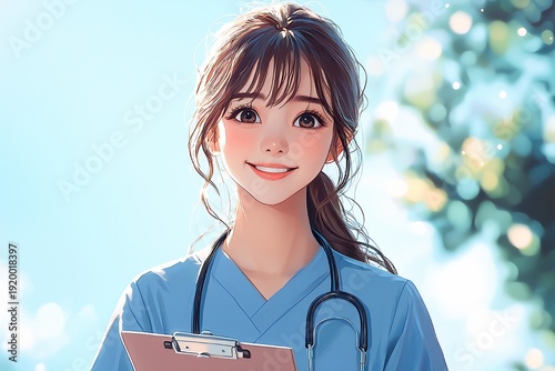Smiling healthcare worker with clipboard in sunny outdoor setting Generative AI