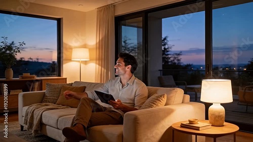 Wallpaper Mural Man relaxing on couch using tablet Torontodigital.ca