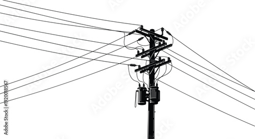 Silhouette of a Utility Pole with Transformer and Electrical Wires Keywords: silhouette, utility pole, power pole, transformer