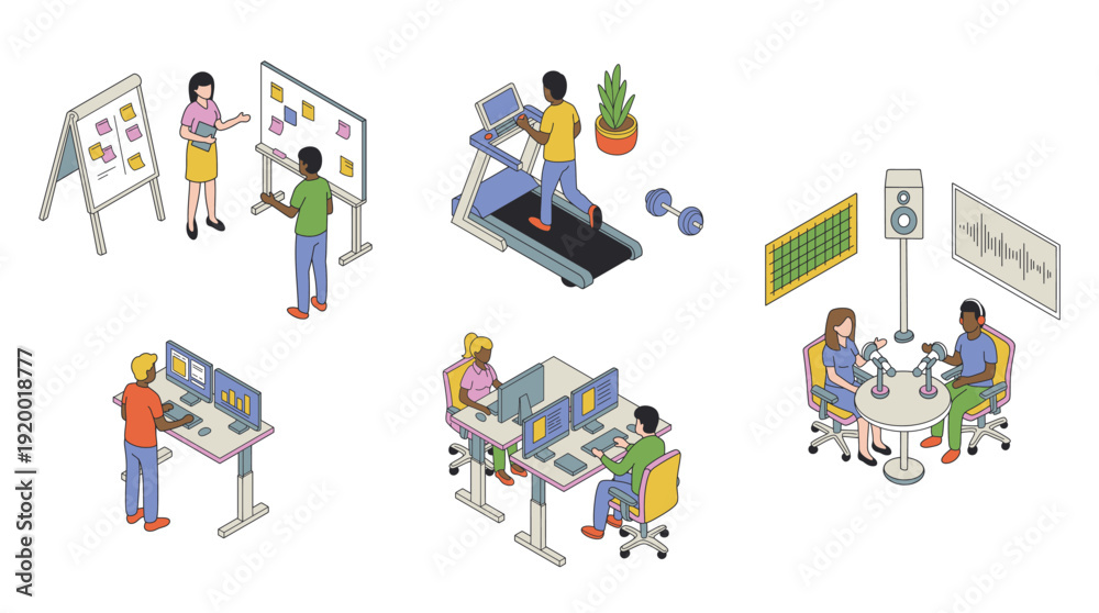 Fototapeta premium Isometric Modern Office Workspace with Podcast Studio and Treadmill Fitness Concept
