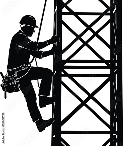 Silhouette of construction worker climbing a steel tower on white background Keywords: construction, worker, climbing, tower