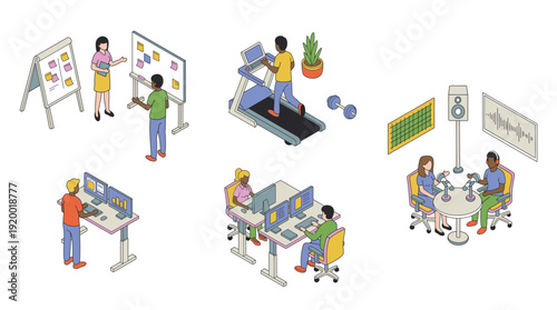 Isometric Modern Office Workspace with Podcast Studio and Treadmill Fitness Concept