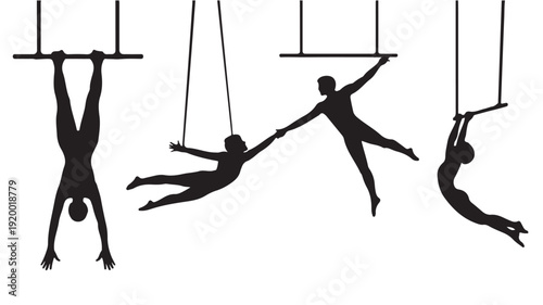 Vector Illustration Of Silhouette Acrobats Hanging From Swings For Circus And Performance Concepts