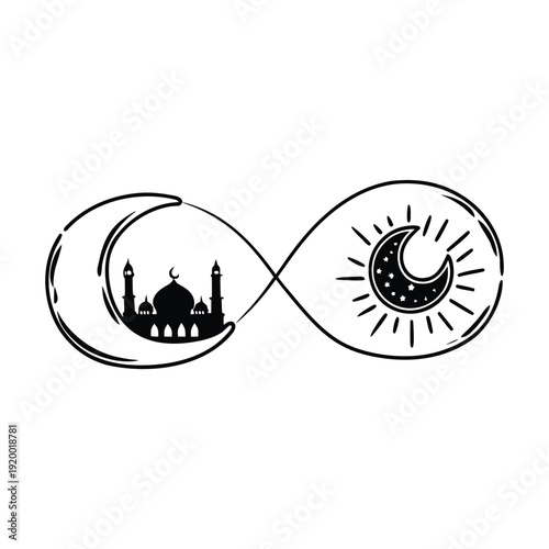 Infinity symbol creatively formed with mosque dome and crescent moon representing eternal faith and spiritual continuity illustration