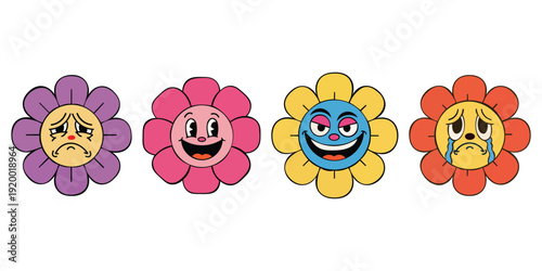 Four cartoon flowers with different facial expressions