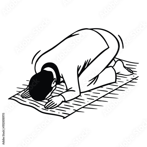 Person performing daily Islamic salah on prayer mat, clean outline art symbolizing faith and spiritual discipline