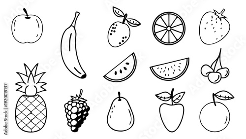 A set of black and white line art illustrations of various fruits, including apples, bananas, and berries, arranged in rows on a white background.