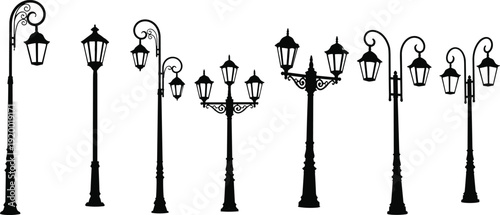 Variety of Ornate Black Silhouette Vintage Street Lamp Icons on White Background lamp post lamppost