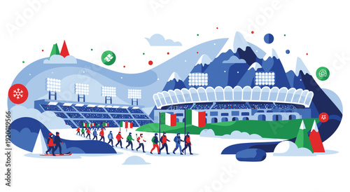Winter sports stadium celebration with italian flags celebration