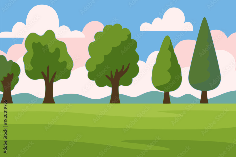 Obraz premium fresh park with tree landscape and bright blue sky view nature background flat color vector illustration template design