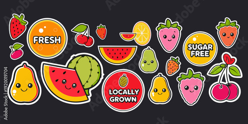 Cute cartoon fruits and stickers with playful expressions and labels
