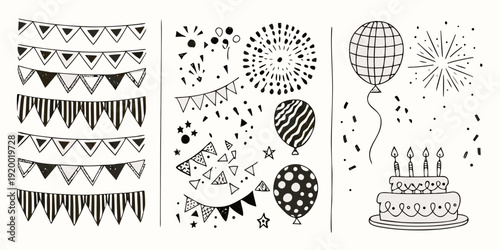 Black and white illustration of party decorations including balloons and flags