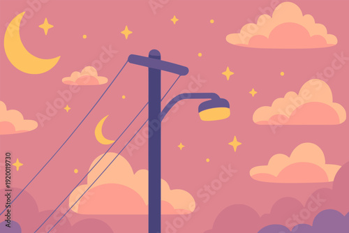 light pole with dawn sunset sky moon and star chill background flat color vector illustration template design