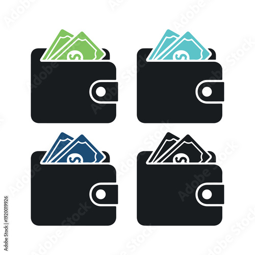 Four black wallets filled with colorful money banknotes in green blue and white stacked neatly inside